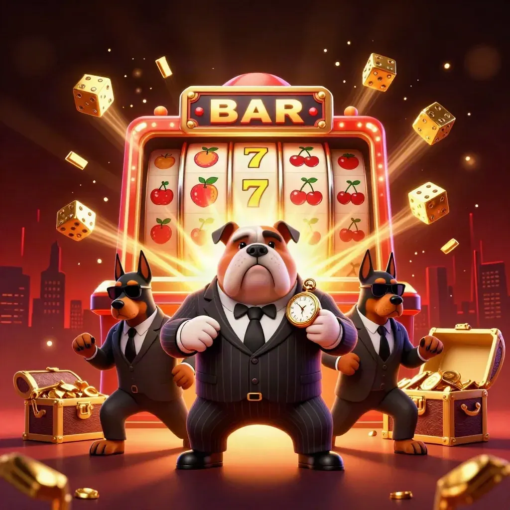 Bulldog boss and two Dobermans amid a jackpot burst, gold dice, and a bursting slot machine.