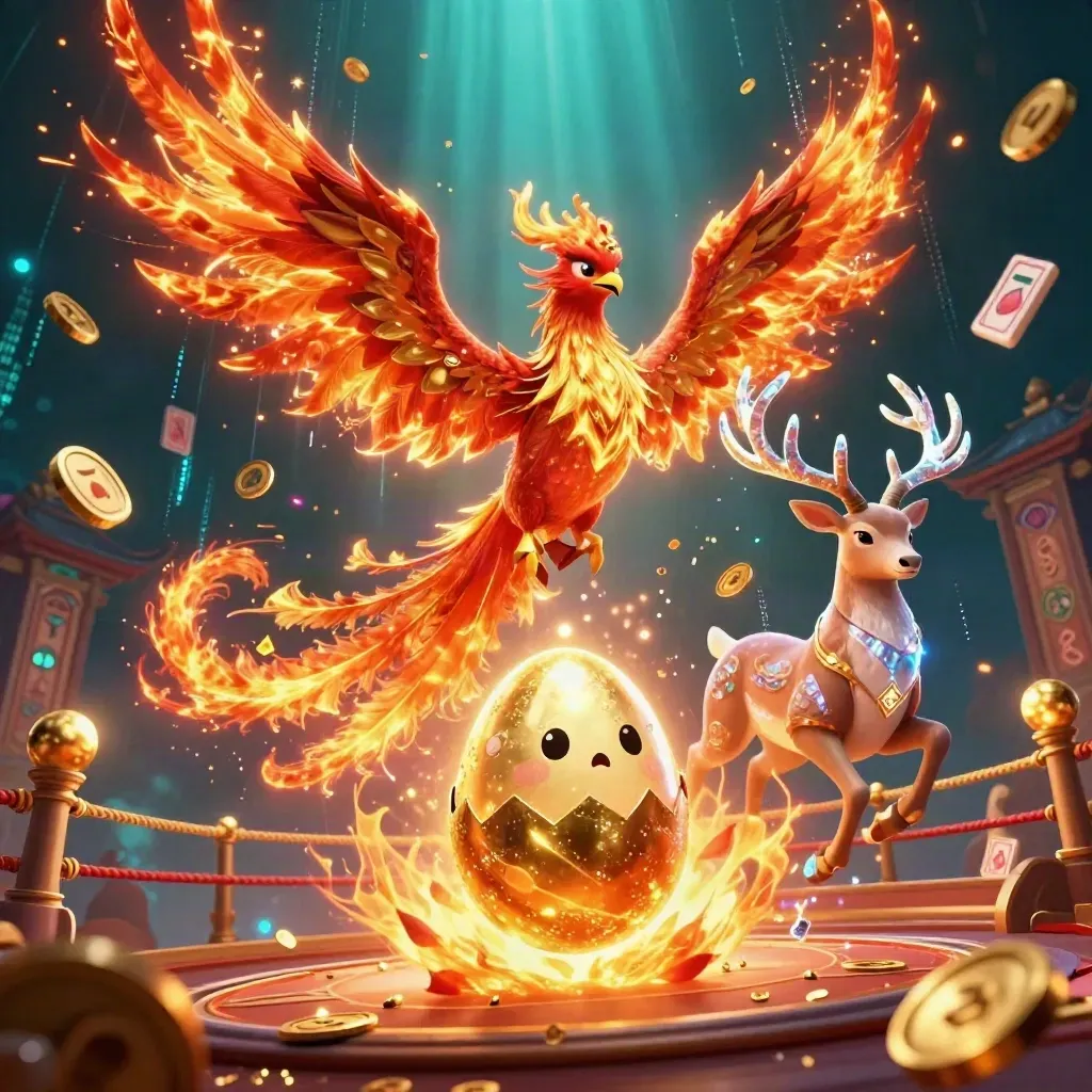 Fire phoenix, hatching egg and crystal stag amid coin burst in an underwater casino glow.