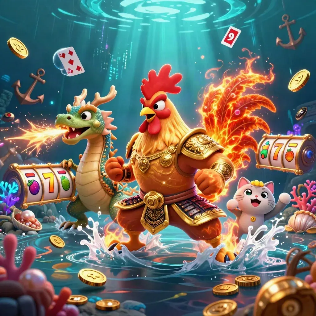 Rooster samurai, dragon hatchling, and fortune-cat amid underwater treasure, sparks, and neon casino energy.