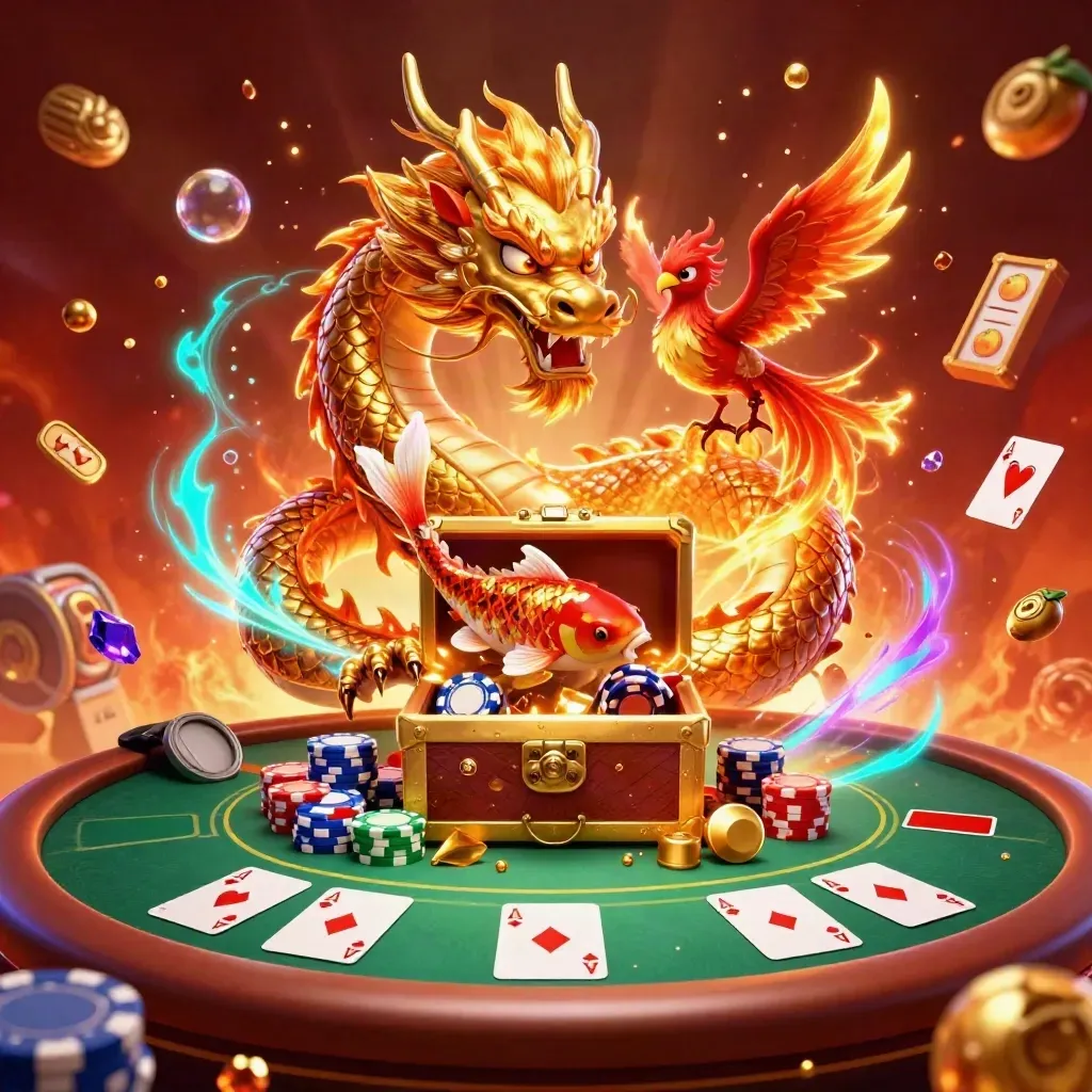 Golden dragon with phoenix and koi amid casino chips, cards, and treasure
