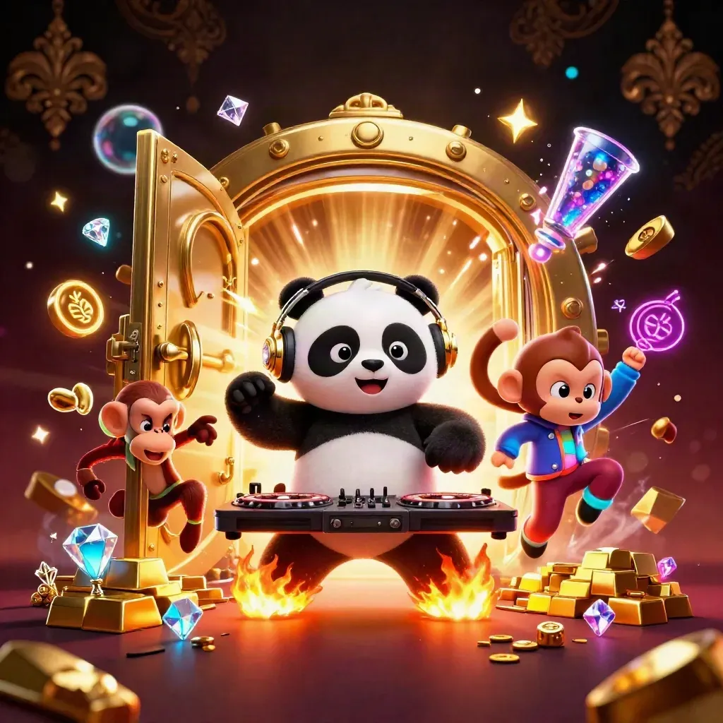 DJ panda, monkey, and glow-stick kitten burst from a gold vault in a neon casino scene.