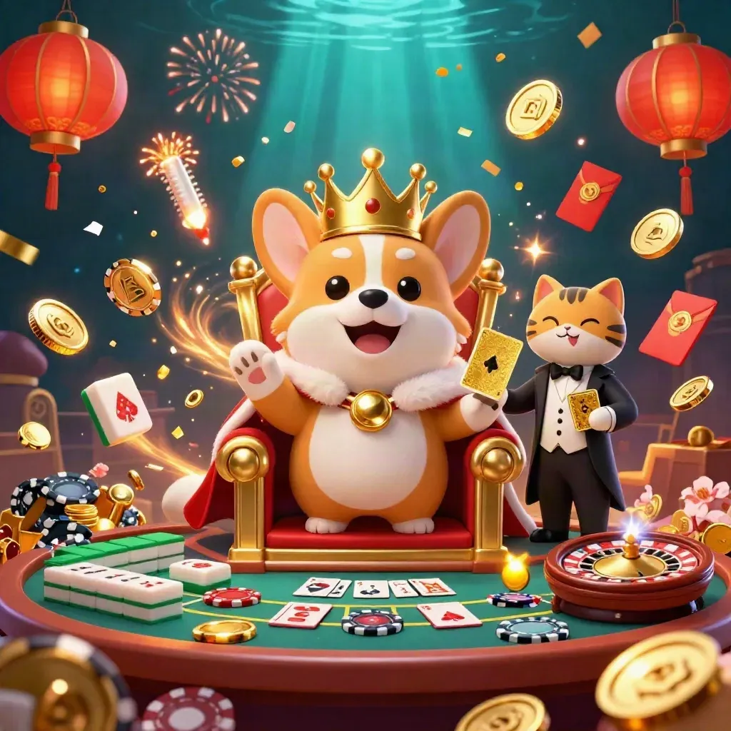 Crowned corgi and cat butler amid casino gold, coins, fireworks, and cards.
