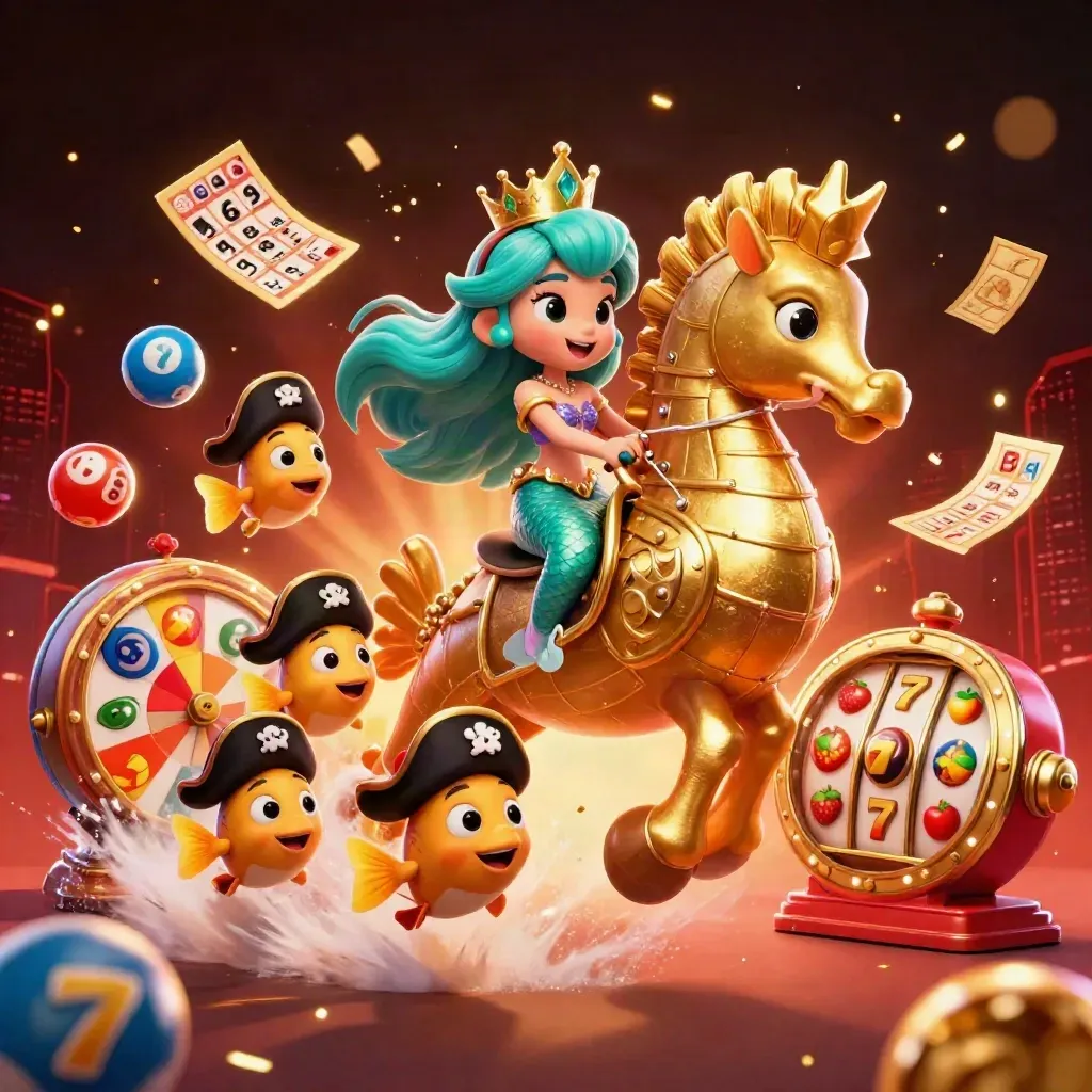 Mermaid princess on armored seahorse with pirate fish amid casino bursts and glowing orange light.