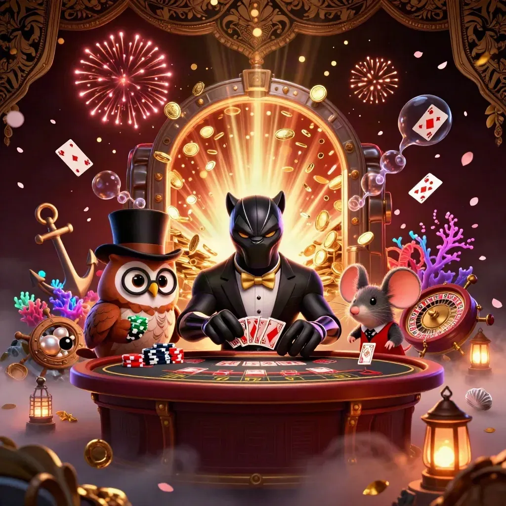Panther, owl, and mouse gambling amid treasure, coins, coral, roulette, and glowing casino effects