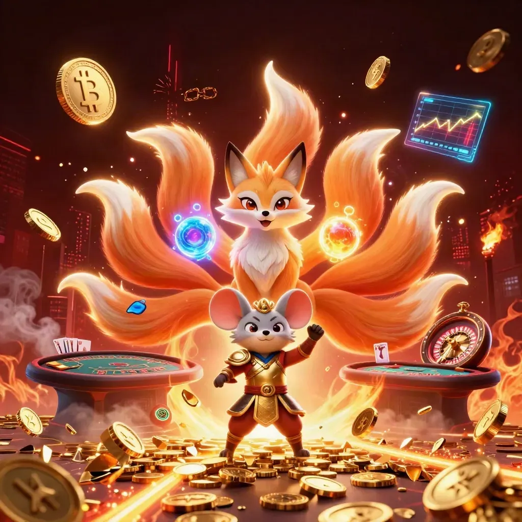 Fox spirit and armored samurai mouse amid casino coins, roulette wheel, lightning, and fire in a dark red glow.