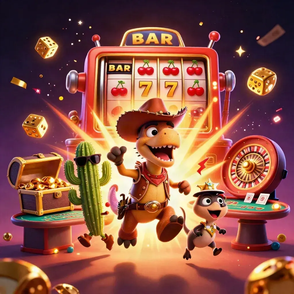 Cowboy T-Rex, cactus, and roadrunner burst from a jackpot slot machine in a neon casino scene.