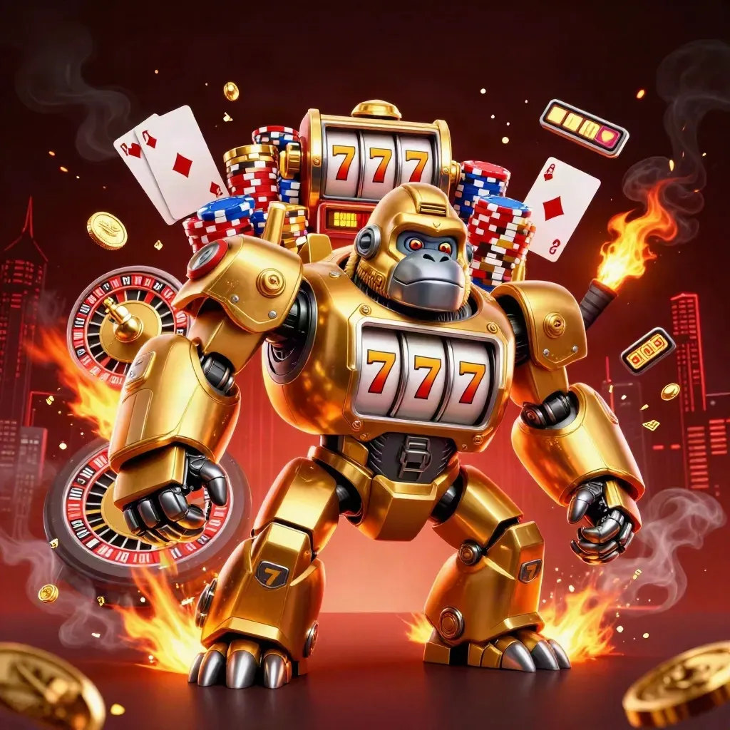 Golden gorilla slot mech with coins, cards, roulette wheel, and a tiny monkey pilot