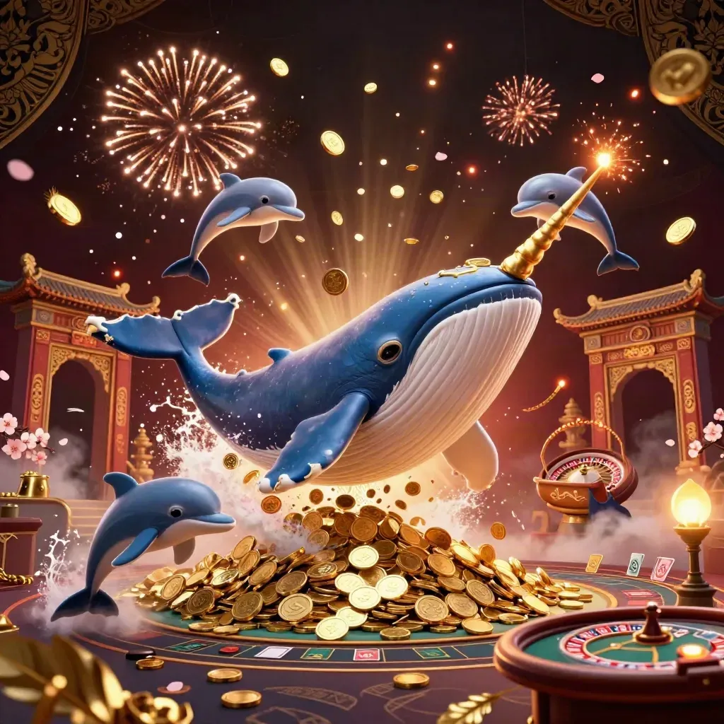 Whale captain, golden narwhal and chip-trick dolphins amid coins, temple gate, roulette, dark luxe glow