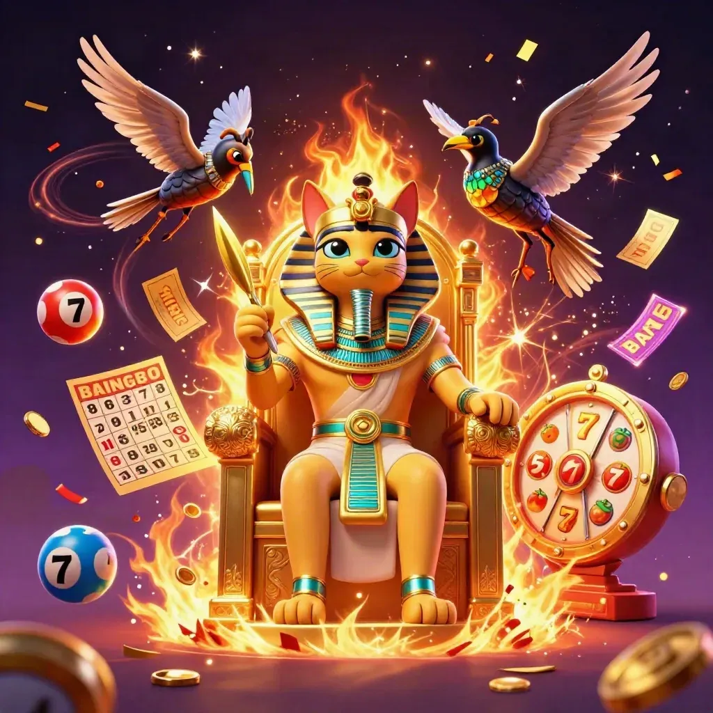 Pharaoh cat, ibis scribe, and scarabs burst with casino reels, balls, and fireworks.
