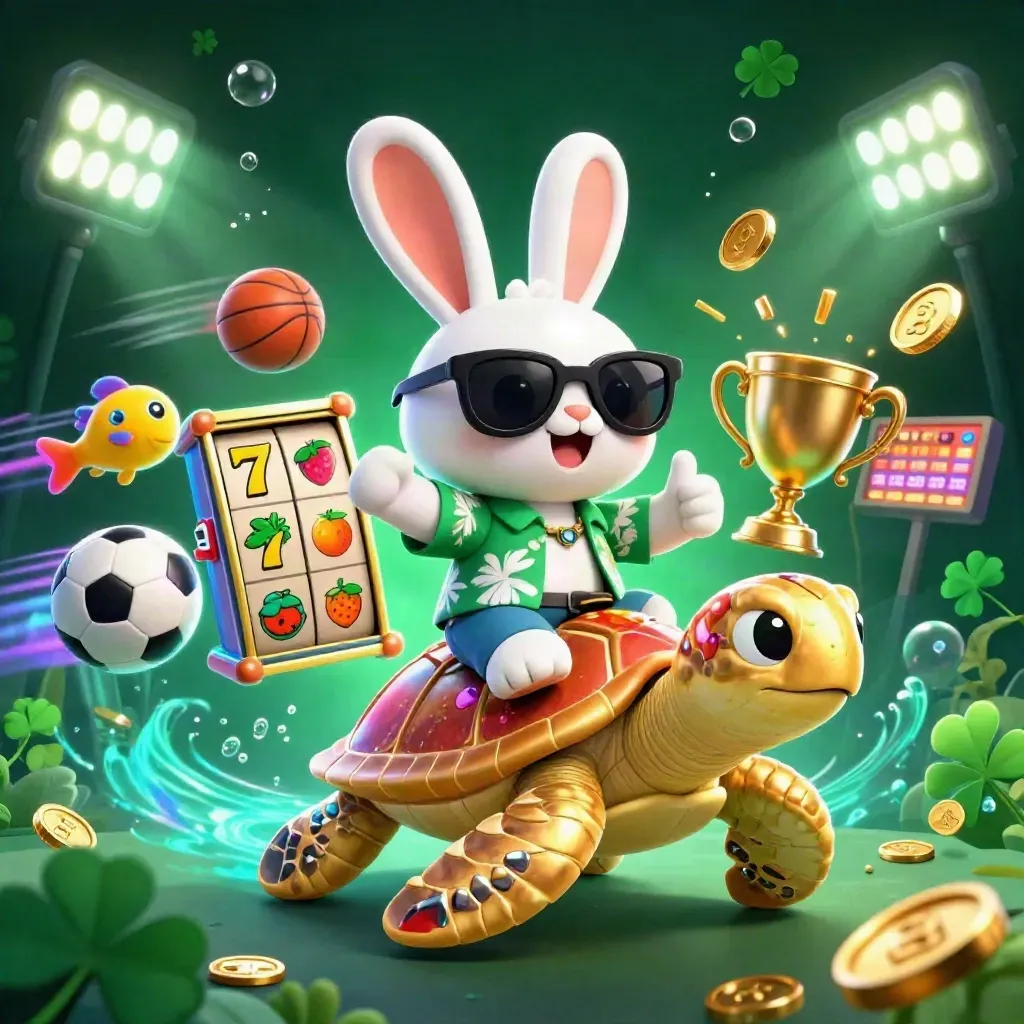 Lucky rabbit rides a golden sea turtle amid casino icons, coins, and glowing underwater effects.