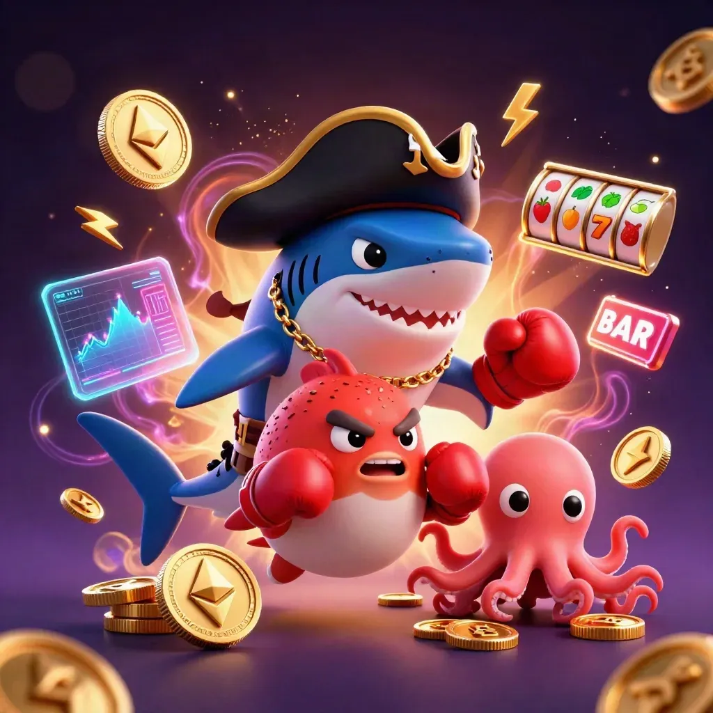 Pirate shark, boxing pufferfish, and coin-juggling octopus amid glowing casino effects.
