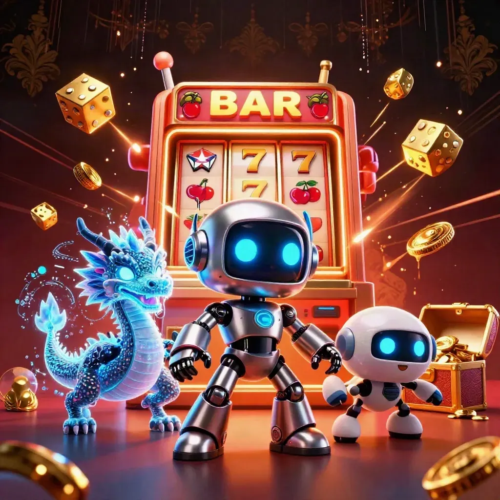 Cyberpunk robot, holo dragon, and coin drone burst amid slots, dice, gold, and dark casino glow.