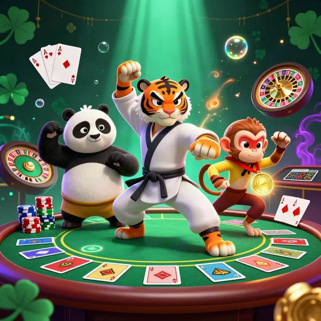 Kung-fu tiger, panda, and monkey amid casino props, gold glow, neon light, square key art