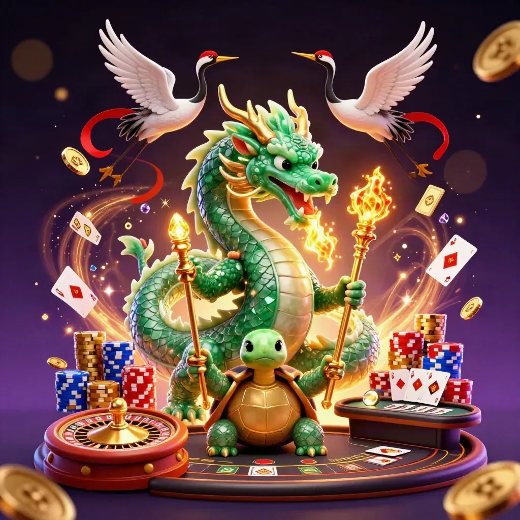 Dragon, turtle sage, and cranes amid casino gold, roulette, chips, and firelight