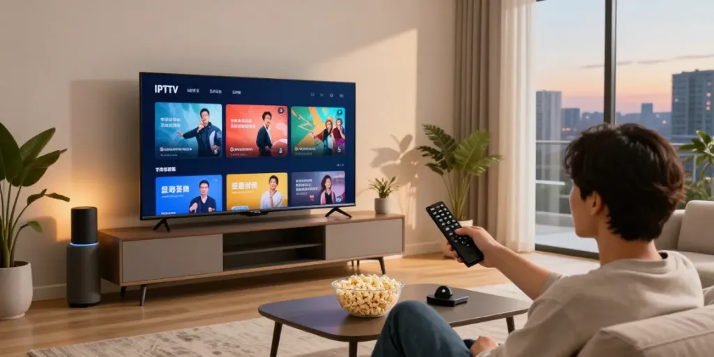 Engaging with an IPTV Provider in a modern living room setting with a vibrant streaming interface.