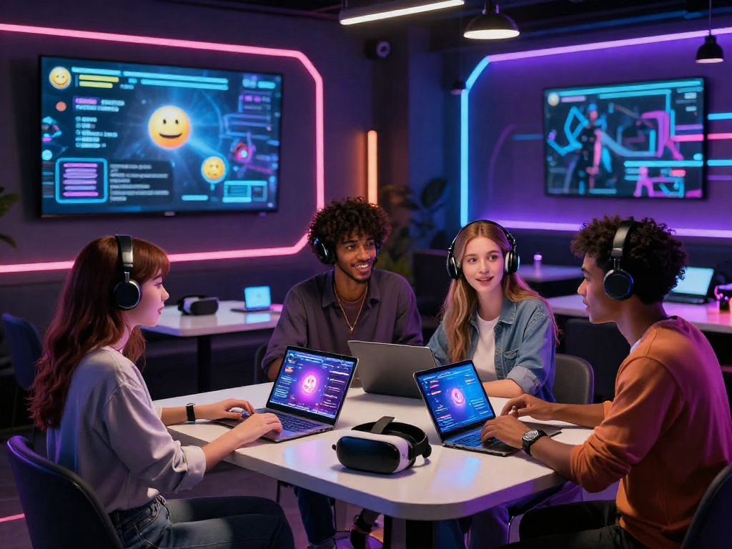 Engaging scene of avatars in a porn chat AI virtual lounge, showcasing vibrant interactions and modern tech.