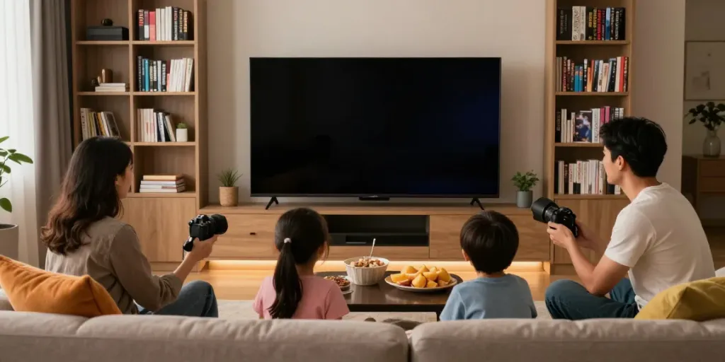 Family enjoying IPTV Provider service during cozy movie night at home.