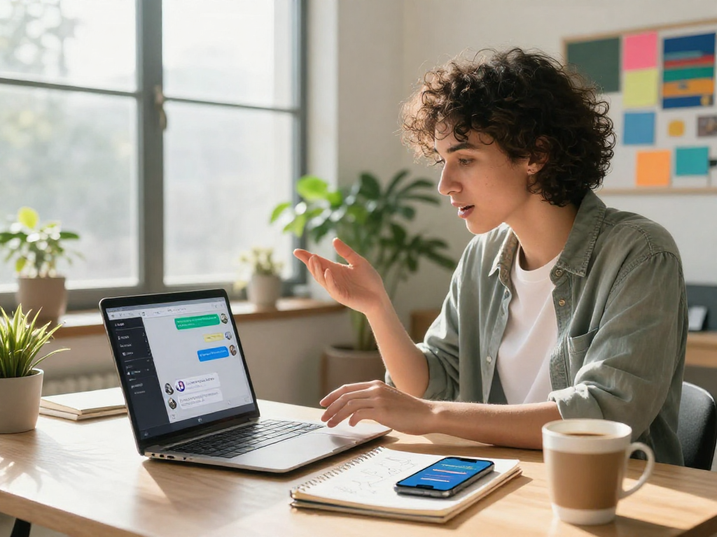 Interactive session with juicy chat ai in a modern home office, showcasing engaging digital communication.