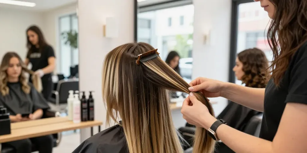 Hair extensions application in a bright salon with a stylist working.