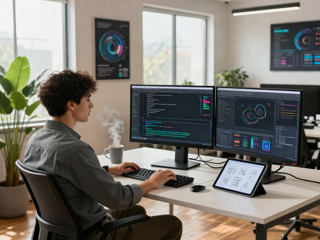 Innovative workspace for AI 18+ development showcasing tech tools and coding.